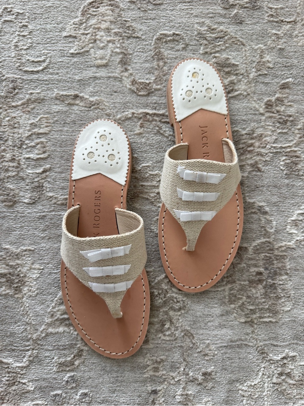Jack Rogers Beige Canvas & White Ribbon Thong Sandals